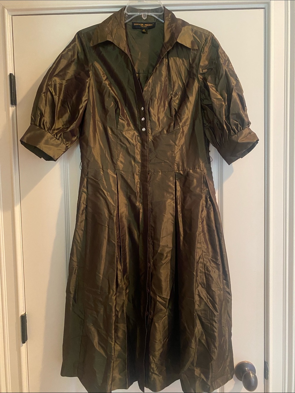 Donna Ricco Shimmery Olive Green Fit-and-Flare Dress